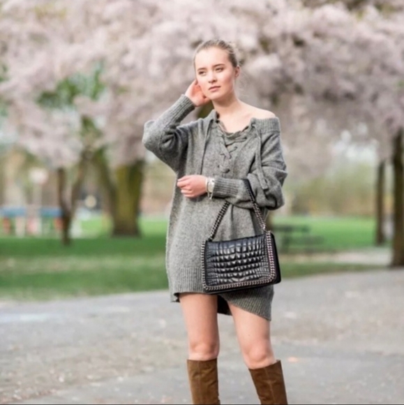 Zara Lace Up Oversized Wool Mohair Mock Neck Sweater Dress Grey Size Medium - Picture 6 of 11